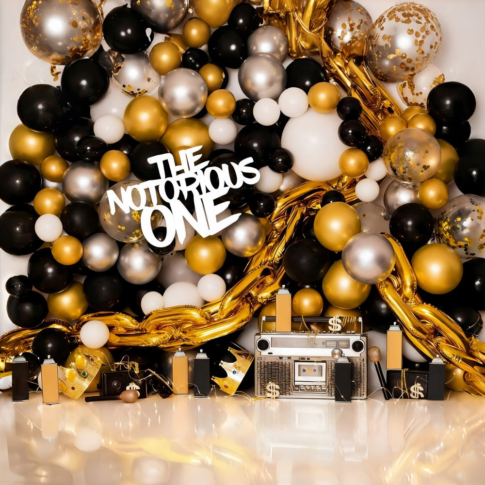 Cake Smash-Hintergrund Gold-schwarze Luftballons 1. Geburtstag-Hintergrund MRR10-43