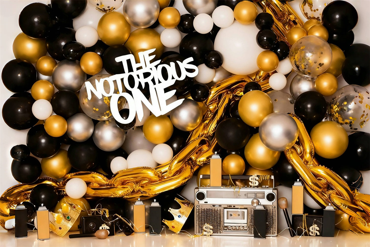 Cake Smash-Hintergrund Gold-schwarze Luftballons 1. Geburtstag-Hintergrund MRR10-43