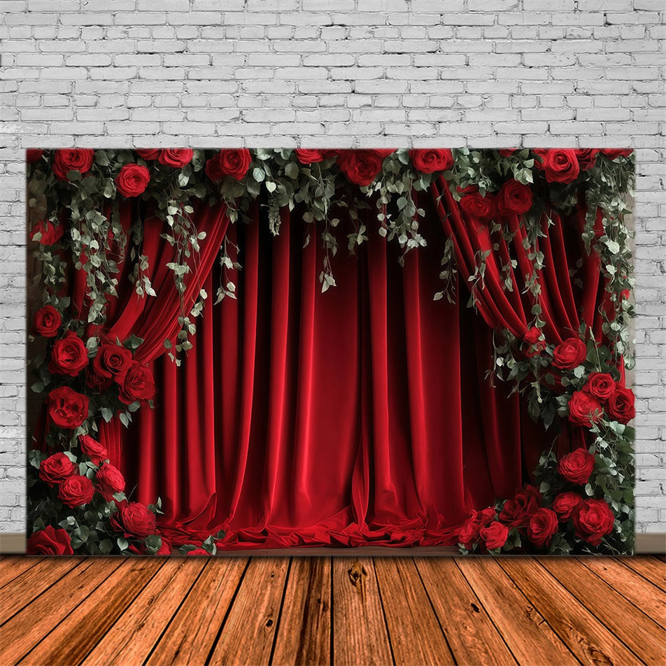 Valentinstag-Fotohintergrund Roter Vorhang Blumen Valentinstag-Hintergrund MRR11-112