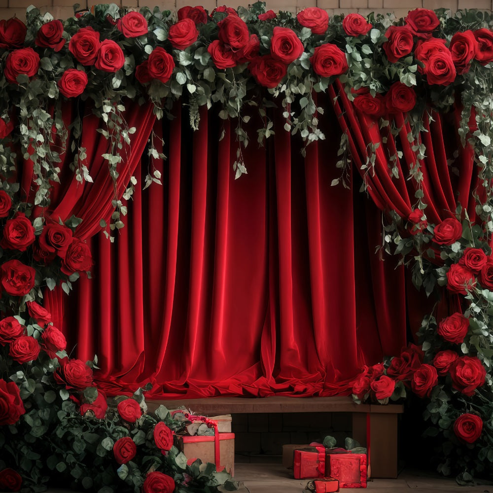 Valentinstag-Fotohintergrund Roter Vorhang Blumen Valentinstag-Hintergrund MRR11-112