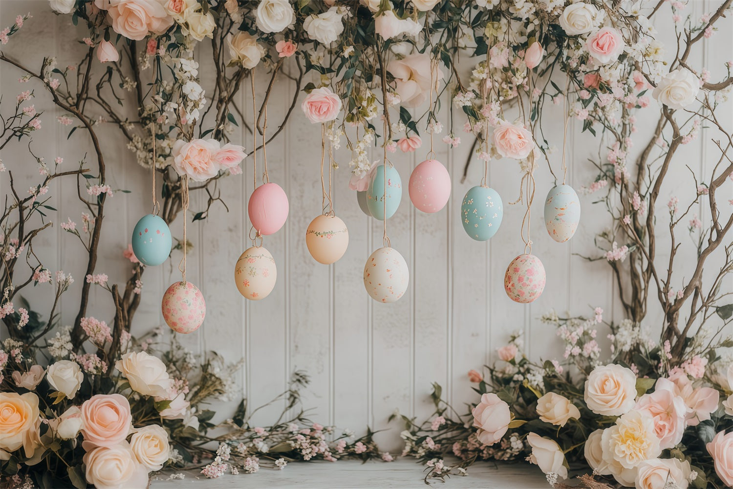Oster-Eier-Hintergrund Hängende pastellfarbene Blüten-Eier Ideen für Oster-Hintergründe MRR11-76