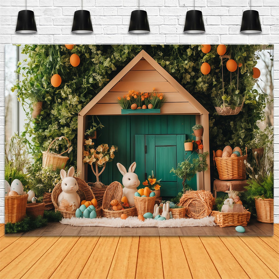 Osterhintergründe Pastellfarbenes Häuschen mit Hasen Oster-Fotokabinenhintergrund MRR11-85