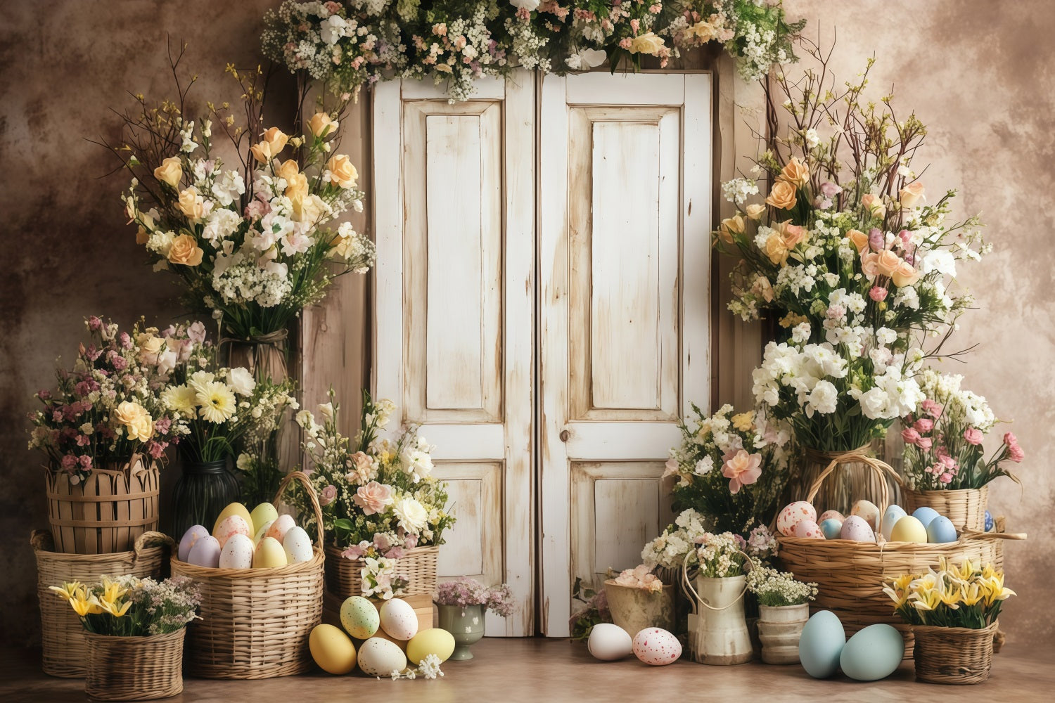 Ideen für Osterhintergründe Blühender Kaminsims mit Hasen Osterhintergrund MRR11-86