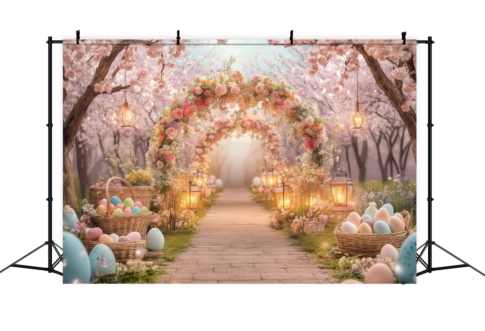 Hintergrund für Ostereiersuche Berggarten mit Blumenbogen Osterhintergrund MRR11-87