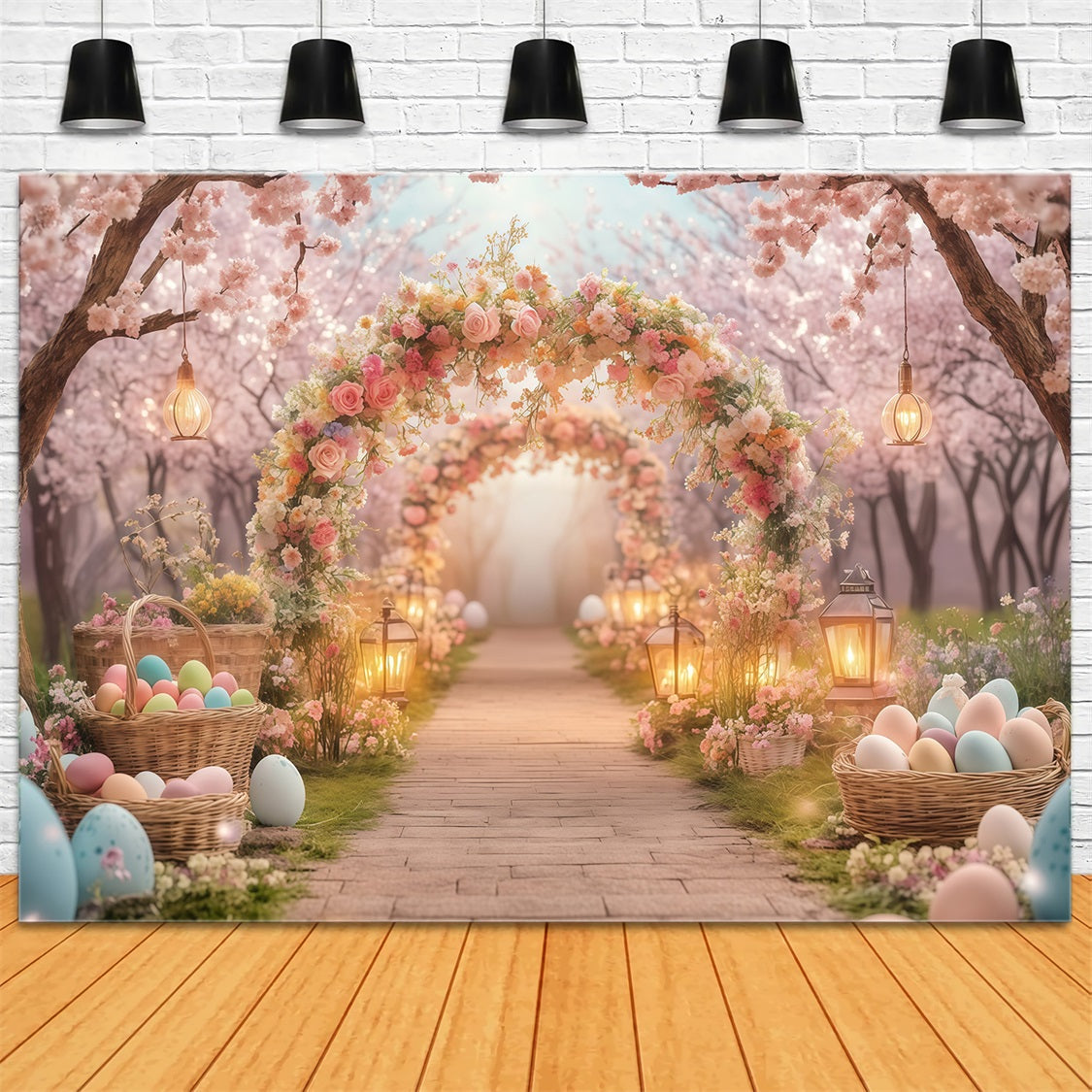 Hintergrund für Ostereiersuche Berggarten mit Blumenbogen Osterhintergrund MRR11-87