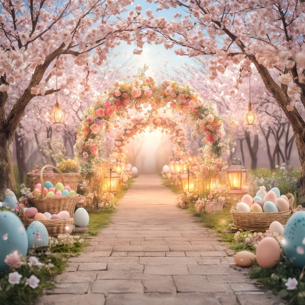 Hintergrund für Ostereiersuche Berggarten mit Blumenbogen Osterhintergrund MRR11-87