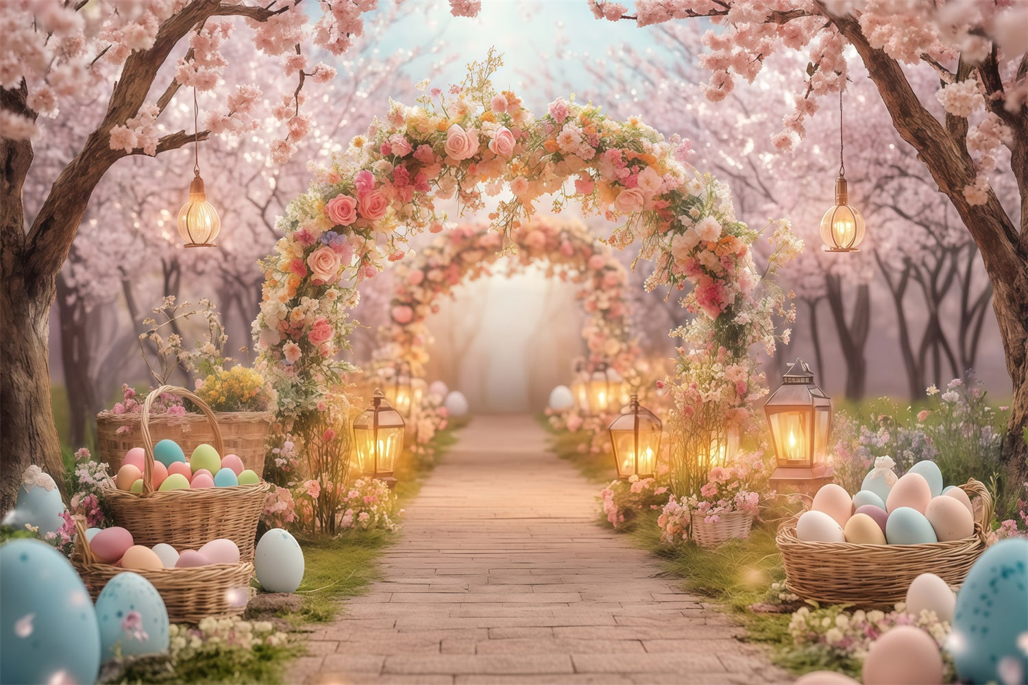 Hintergrund für Ostereiersuche Berggarten mit Blumenbogen Osterhintergrund MRR11-87