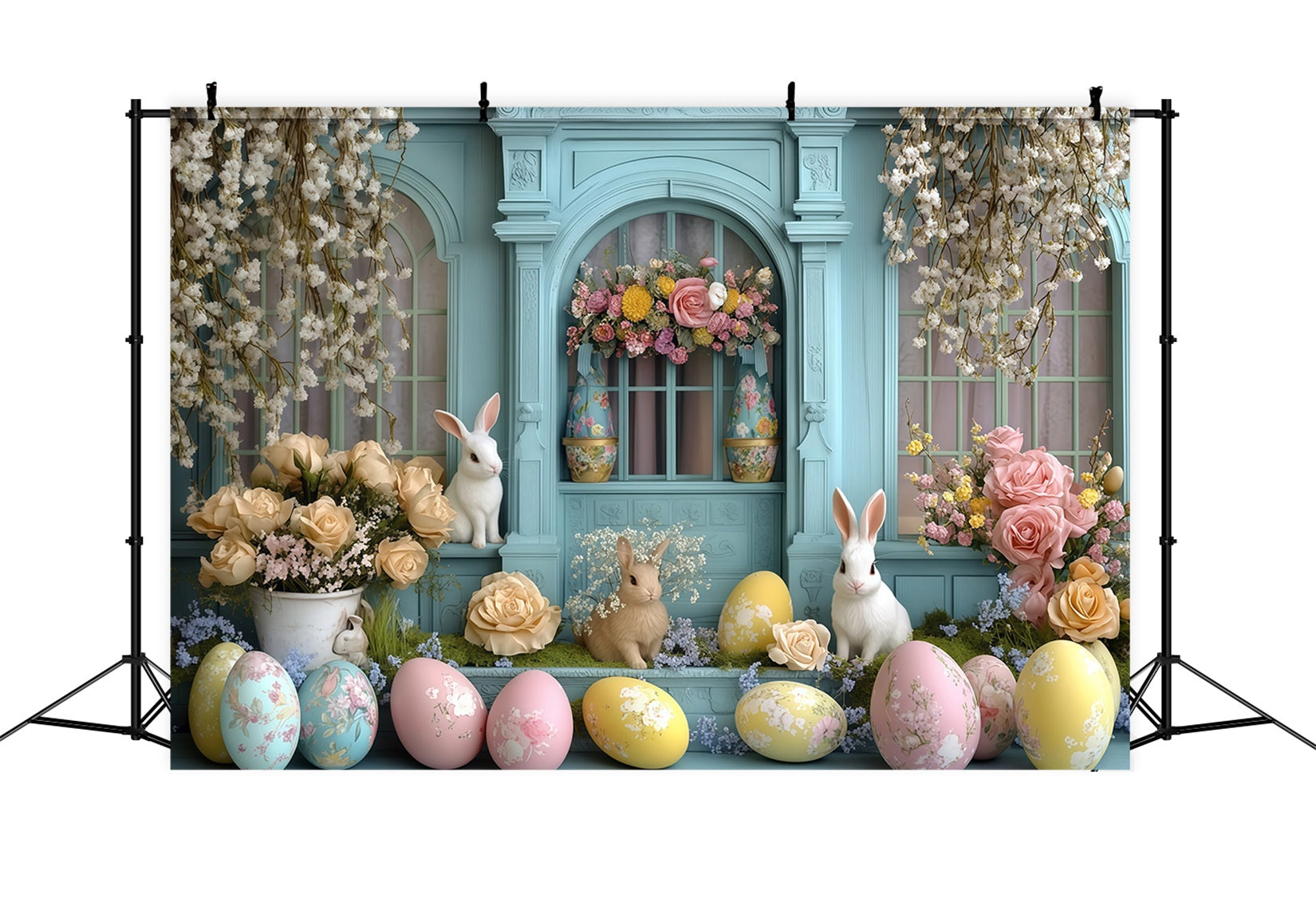 Osterbild-Hintergründe Rustikales Tulpen-Gartenhäuschen-Tür-Hase-Hintergrund MRR11-92