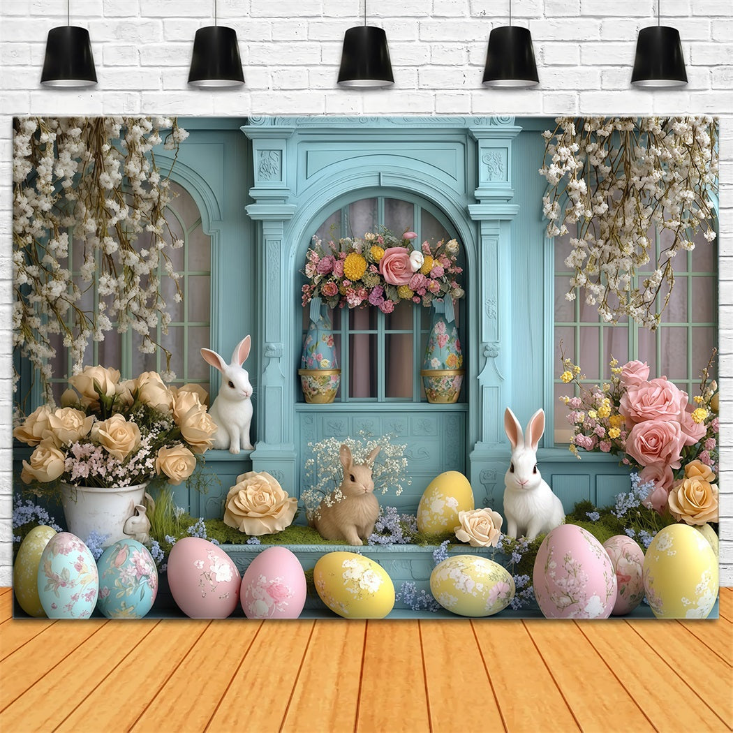 Osterbild-Hintergründe Rustikales Tulpen-Gartenhäuschen-Tür-Hase-Hintergrund MRR11-92