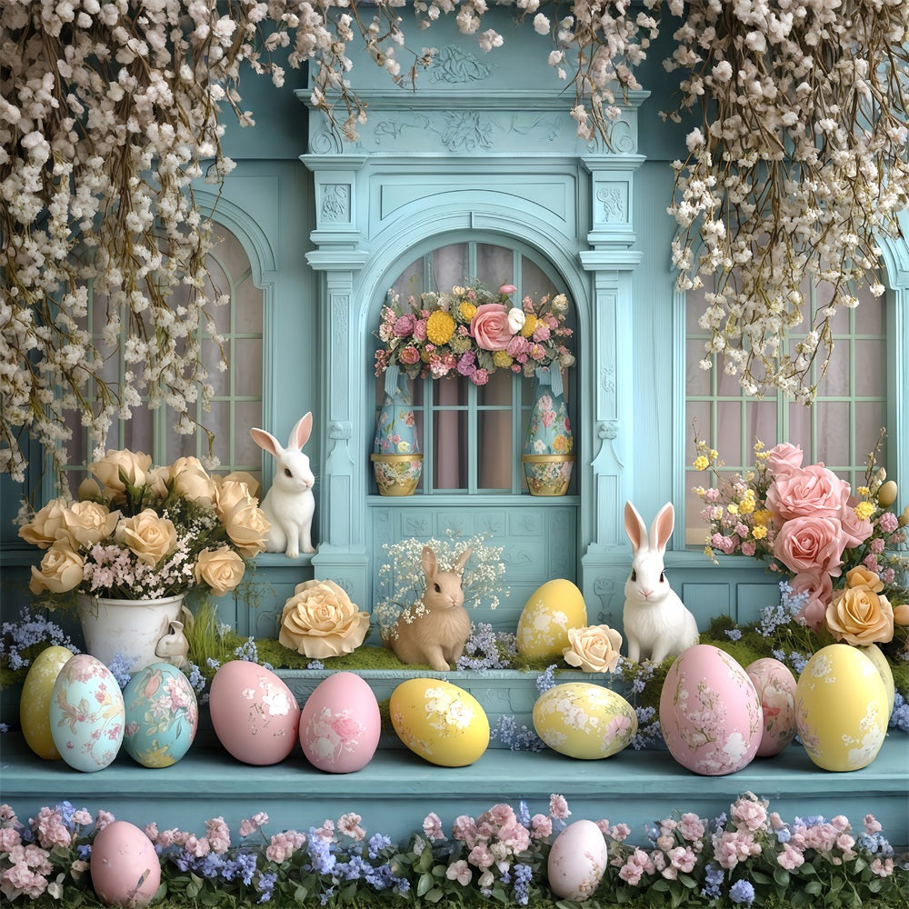 Osterbild-Hintergründe Rustikales Tulpen-Gartenhäuschen-Tür-Hase-Hintergrund MRR11-92