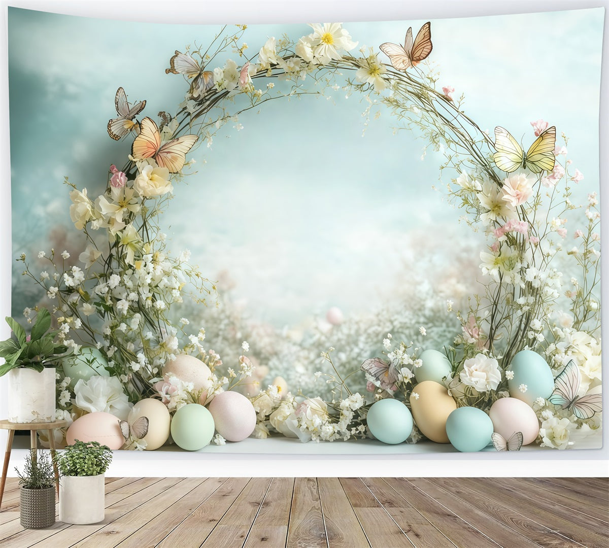 Osterhintergrund Pastellfarbene Tür Hase Willkommen Ostereiersuche-Hintergrund MRR11-95
