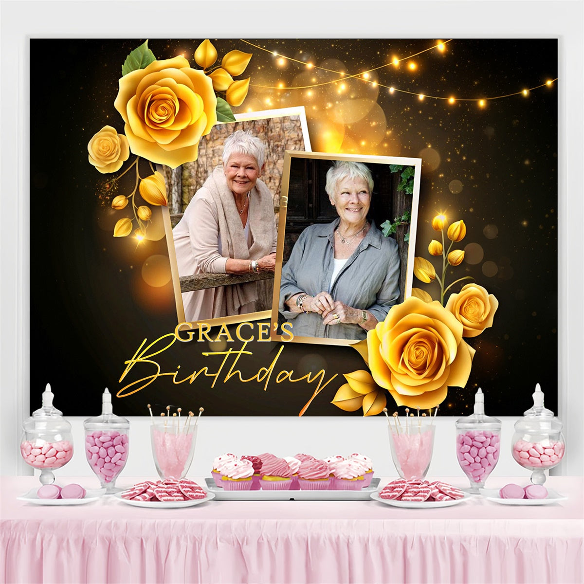 Individuelles Happy Birthday Backdrop Warmes Hellgelb Blumen Backdrop MRR3-160