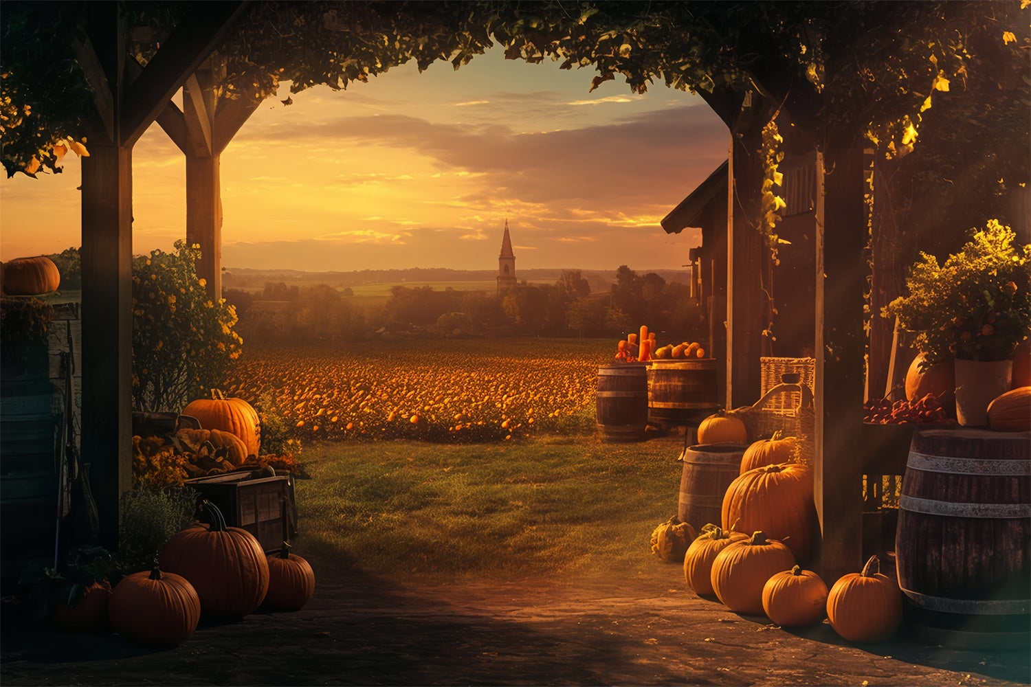 Sonnenuntergang Hintergrundkulisse Goldener Kürbis Bauernhof Herbst Fotohintergrund MRR7-120