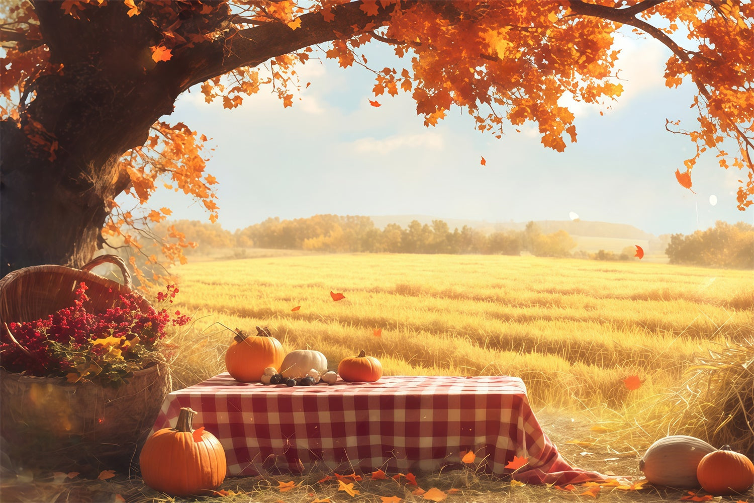 Herbst Backdrops Goldenes Feld Kürbis Picknick Fotohintergrund MRR7-129