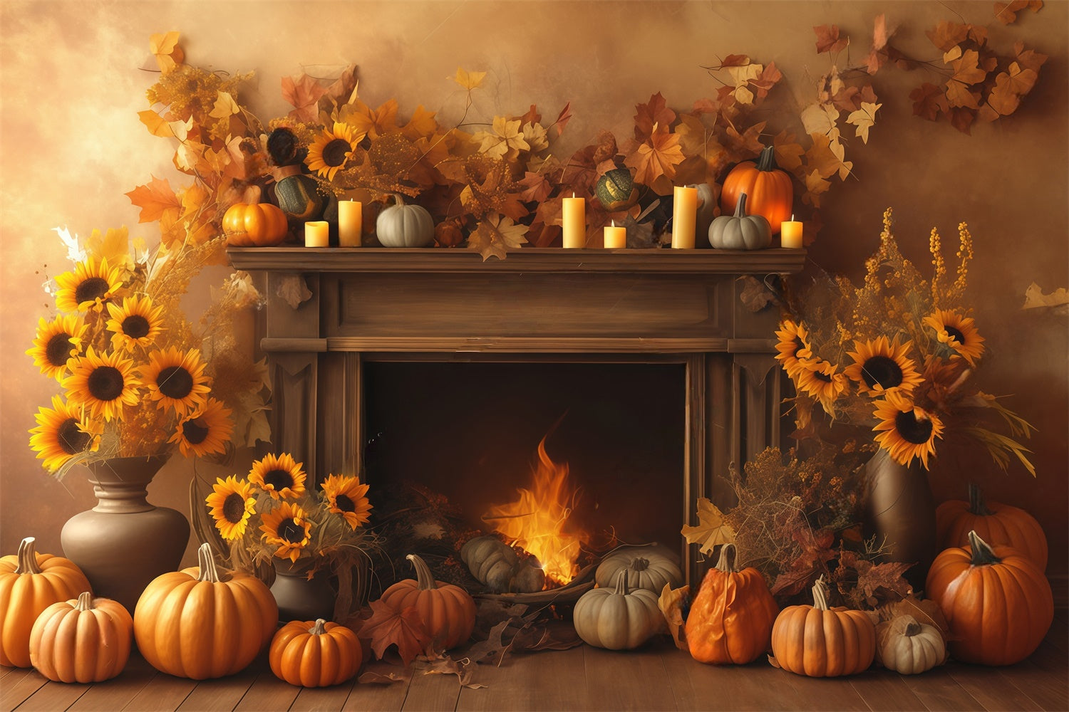Herbst Fotokulisse Gemütlicher Kamin Ernte Fotohintergrund MRR7-133