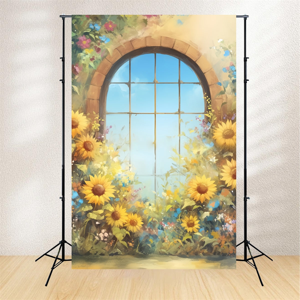 Herbst Fotokulissen Sonnenblumenbogen Fenster Glüh Hintergrund MRR7-144