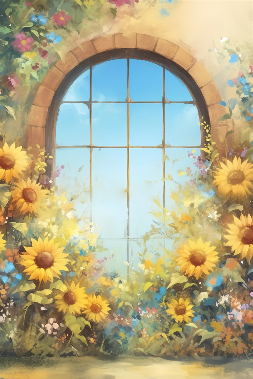 Herbst Fotokulissen Sonnenblumenbogen Fenster Glüh Hintergrund MRR7-144