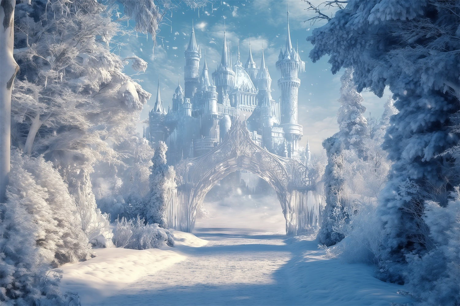 Winterschloss-Hintergrundkulisse Schneekönigreich-Pfad-Hintergrundkulisse MRR7-156