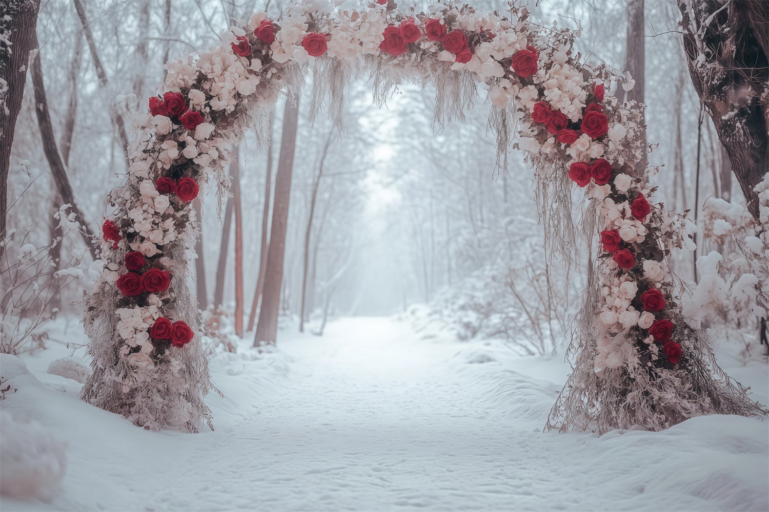 Winterwald-Hintergrundkulisse Rosenbogenpfad-Hintergrundkulisse MRR7-158