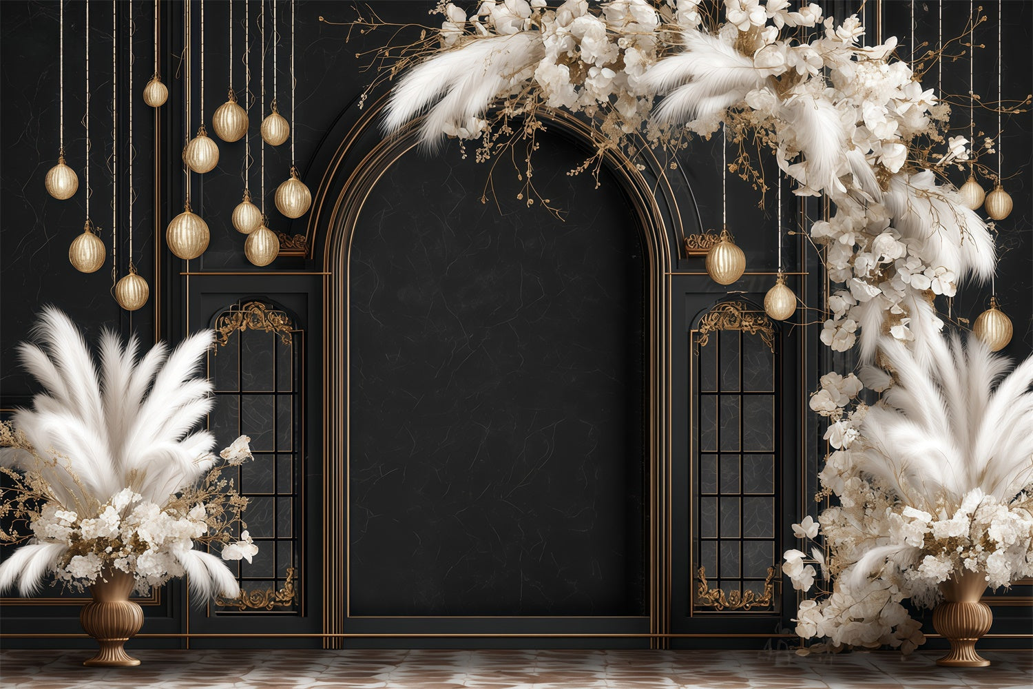 Bohemian Style Backdrop Schwarz Gold Glam Arch Fotohintergrund MRR7-256