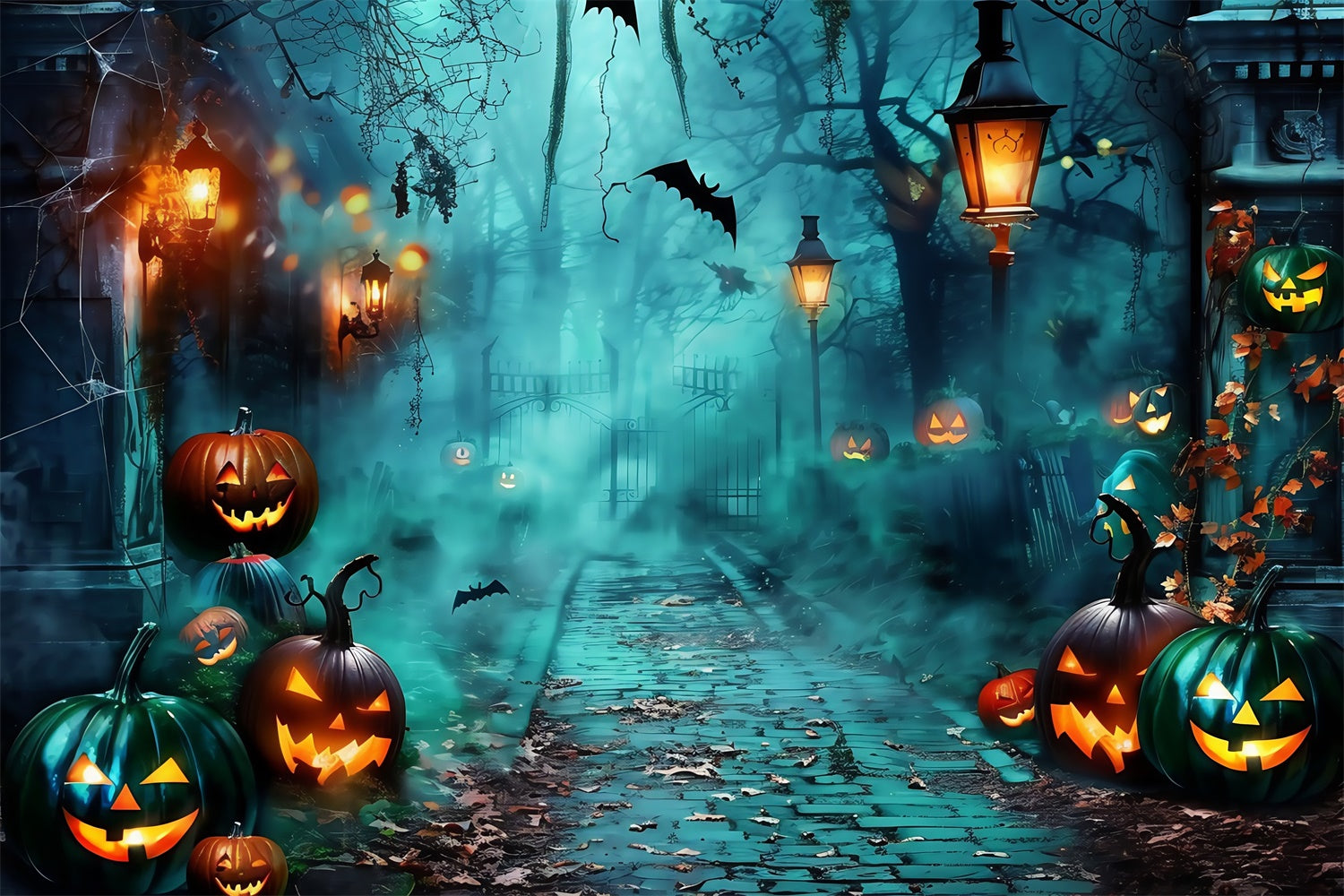 Gruselige Halloween-Hintergrundkulisse Nebliger Kürbispfad Hintergrundkulisse MRR7-26