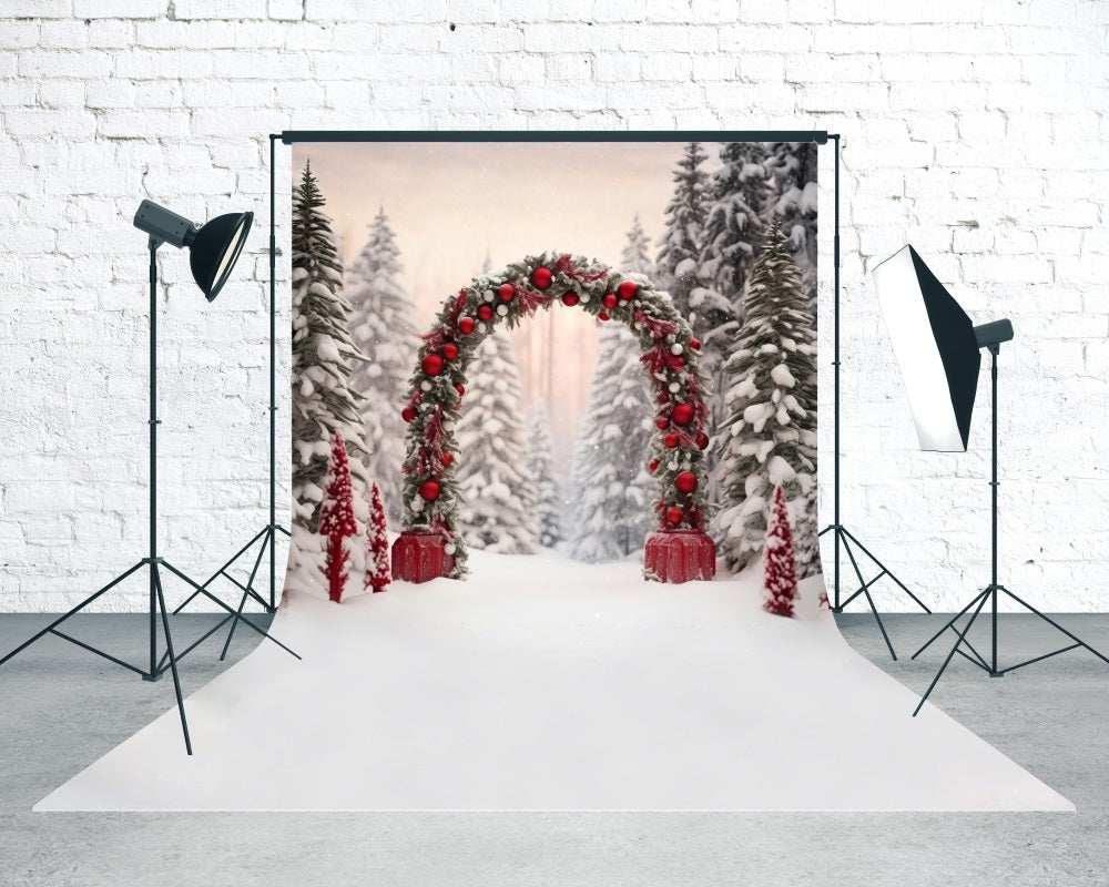 Weihnachtsbaum Bauernhof Backdrop Rot Ball Arch Cedar Grove Weihnachten Backdrop für Fotos MRR8- 104