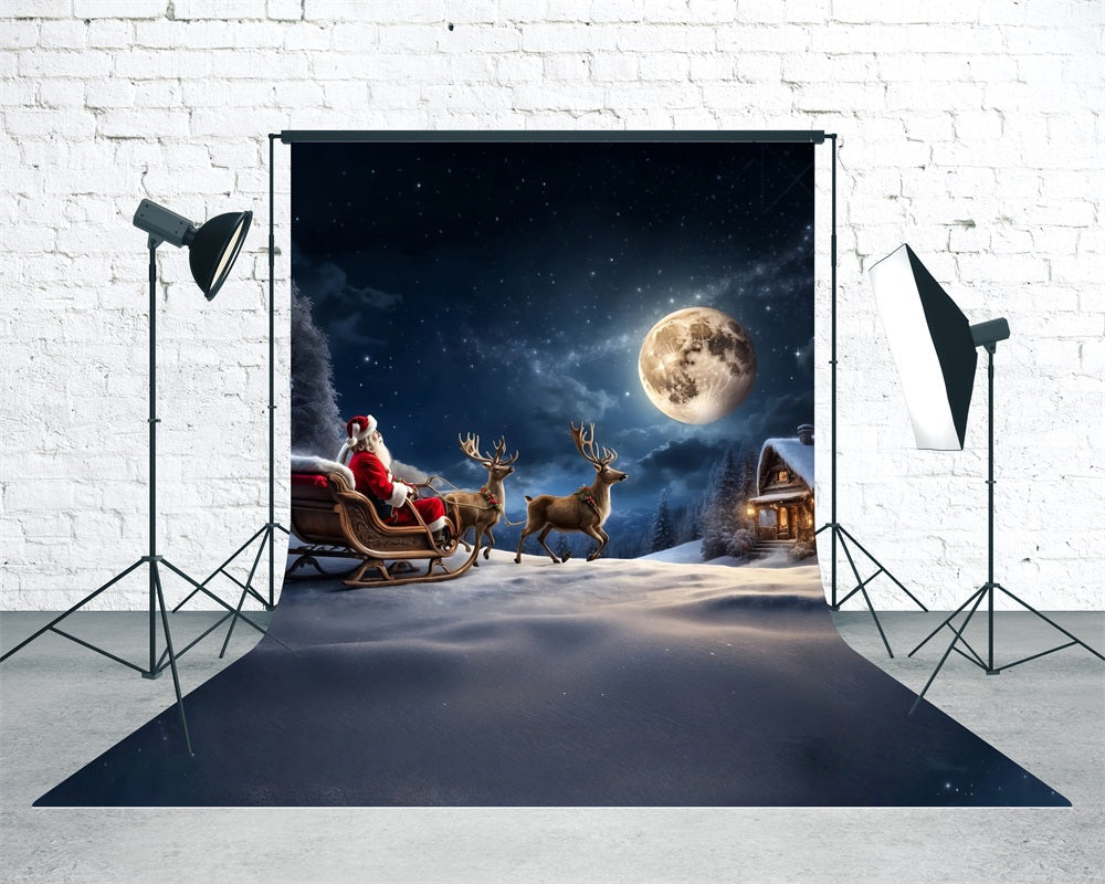 Weihnachtsdorf Backdrop Rentier Schlitten Weihnachtsmann Moonschein Nacht Weihnachten Fotokulissen MRR8-106