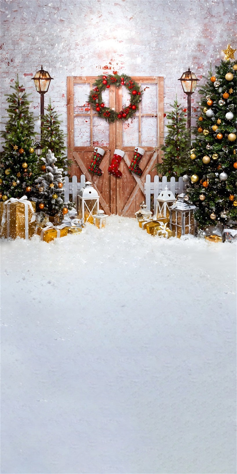 Weihnachtsbaum Backdrop Klassische verschneite Weihnachten Holztür Weihnachten Fotohintergrundbilder für Fotos MRR8-128