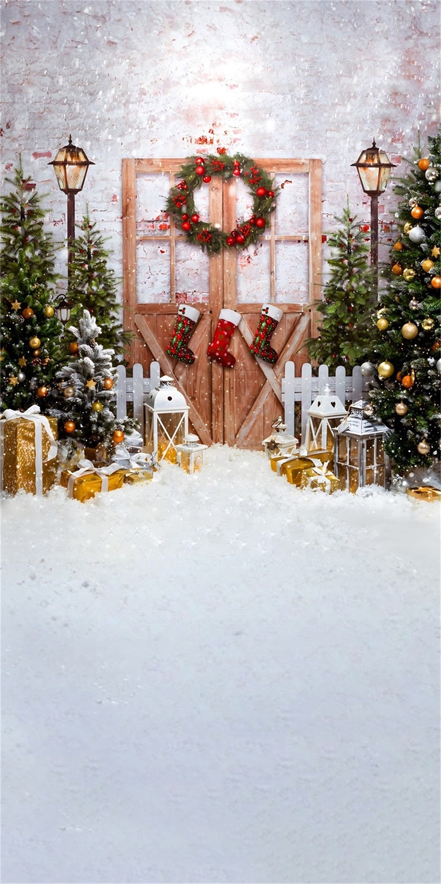 Weihnachtsbaum Backdrop Klassische verschneite Weihnachten Holztür Weihnachten Fotohintergrundbilder für Fotos MRR8-128