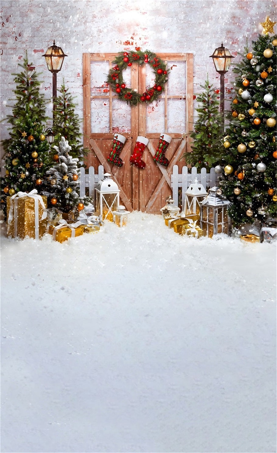 Weihnachtsbaum Backdrop Klassische verschneite Weihnachten Holztür Weihnachten Fotohintergrundbilder für Fotos MRR8-128