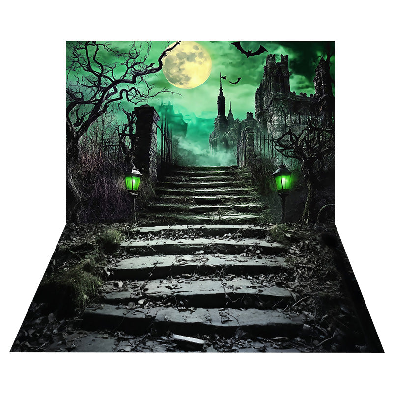 Spukschloss Vollmond-Foto Hintergrund+Stone Leaf Stair Floor-Foto Hintergrund MRR8-140
