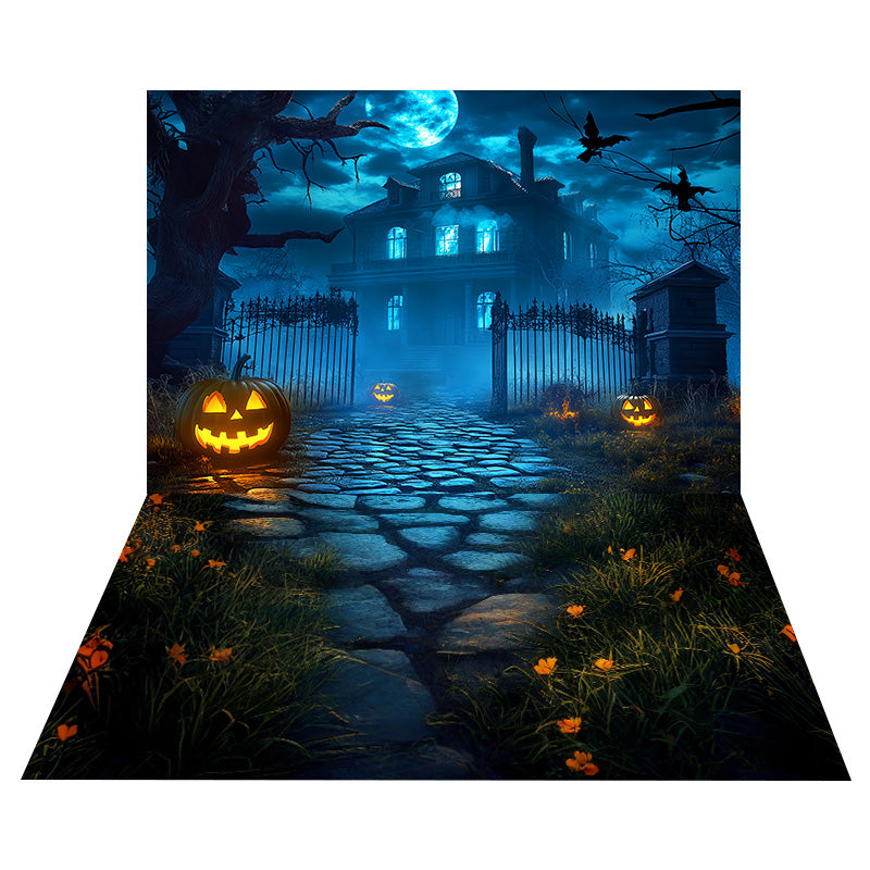 Kürbis-Laterne-Villa-Foto Hintergrund+Mondlicht-Blumen-Steinboden-Foto Hintergrund MRR8-141