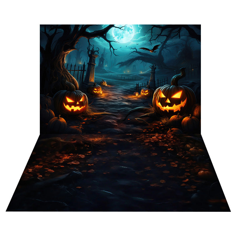 Kürbis-Mond-Friedhof-Foto Hintergrund+Blattdunkel-Boden-Foto Hintergrund MRR8-143