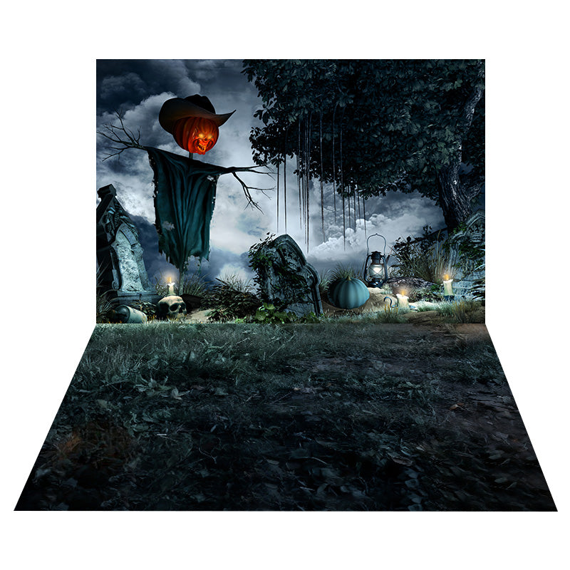 Kürbis-Vogelscheuche-Friedhof-Foto Hintergrund+Moody Grass Leaf Floor Studio Hintergrund MRR8-149