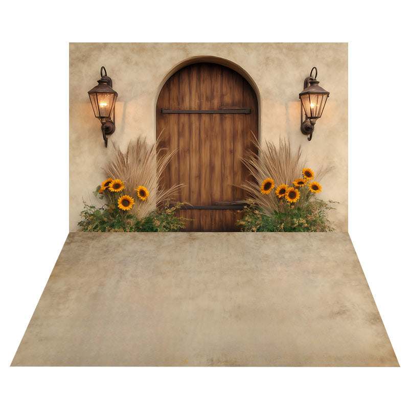 Rustikaler Tür Foto Hintergrund mit Sonnenblumen + Vintage-Beige-Textur-Boden Foto Hintergrund MRR8-151