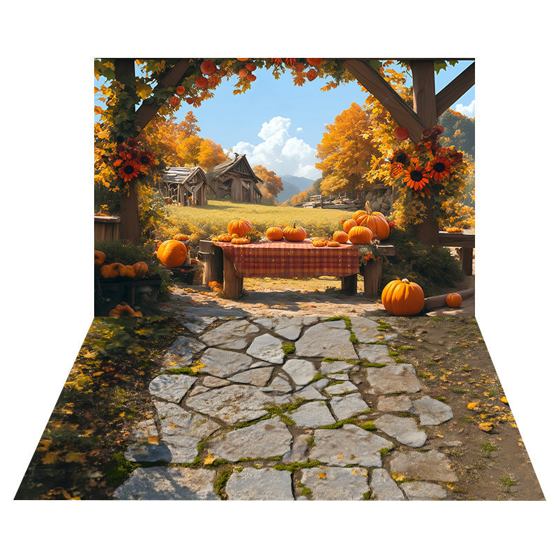 Kürbisernte-Tisch Foto Hintergrund + Moosbewachsener Steinweg-Boden Foto Hintergrund MRR8-152