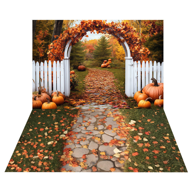 Kürbisbogen-Tor Foto Hintergrund + Steinweg-Herbstblätter-Boden Foto Hintergrund MRR8-157