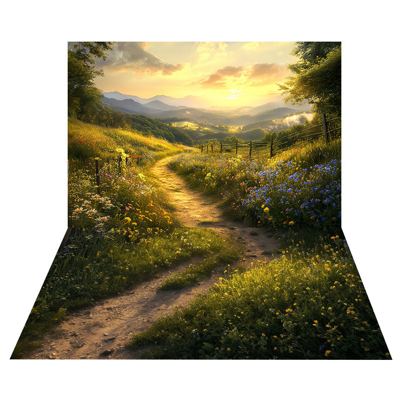 Foto Hintergrund mit goldenem Herbstsonnenuntergang + Blumenwiese-Weg-Boden Foto Hintergrund MRR8-159