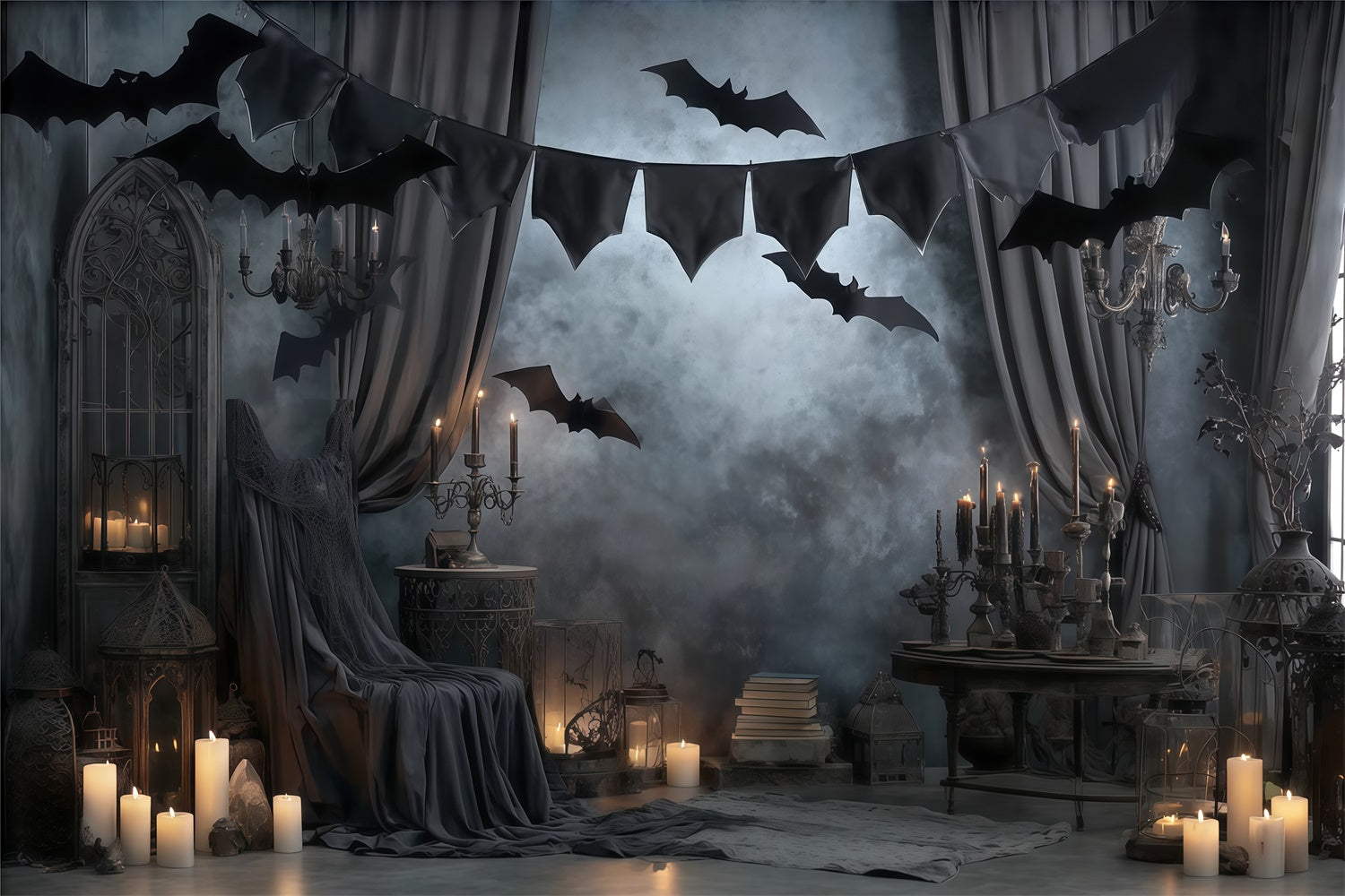 Halloween Wandhintergrund Gothic Kerzenschein Fledermaus Vorhänge Halloween Foto Hintergrund MRR8-16