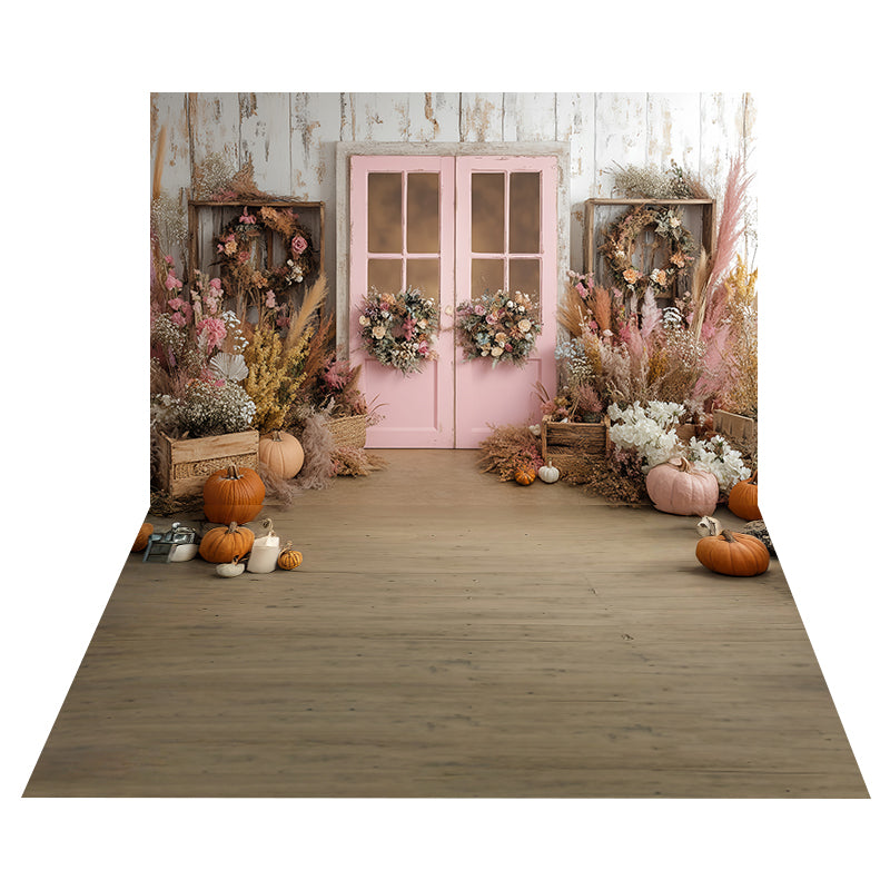 Rustikaler rosa Tür Foto Hintergrund + Herbstkürbis-Holzboden Foto Hintergrund MRR8-160