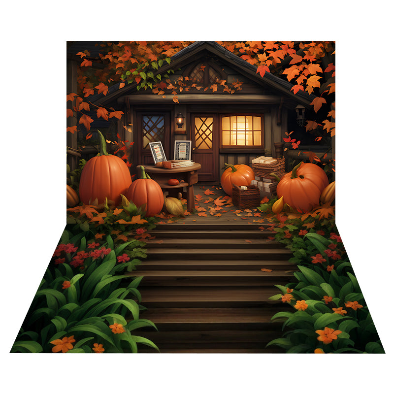 Foto Hintergrund mit Kürbishütte und Veranda + Foto Hintergrund mit Holztreppe und Garten MRR8-163