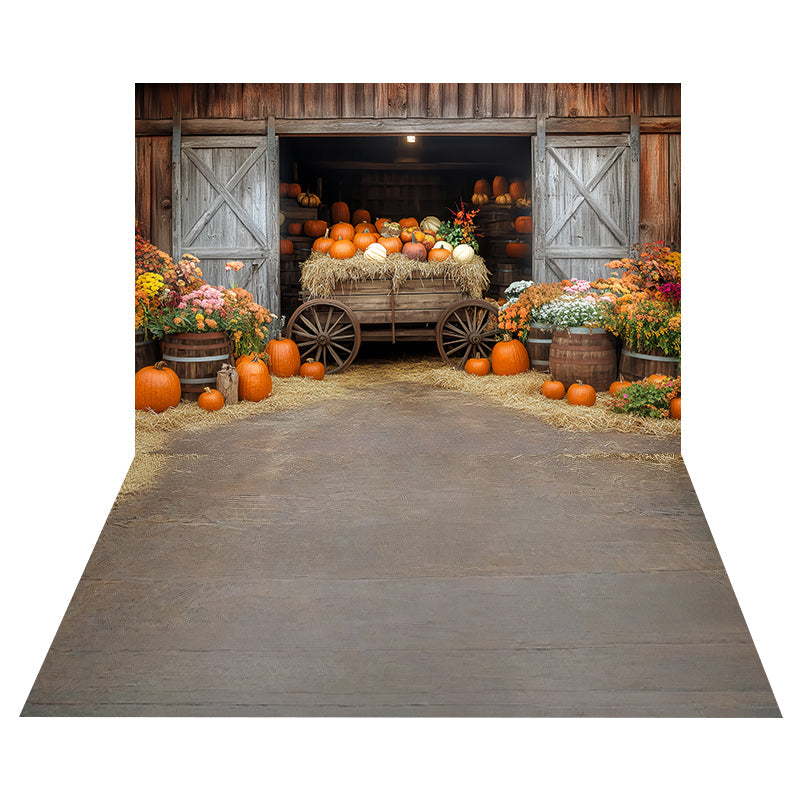 Kürbis-Erntewagen Foto Hintergrund + verwitterter grauer Holzboden Foto Hintergrund MRR8-166