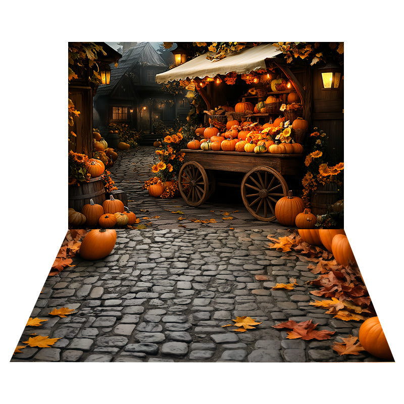Kürbismarktwagen als Foto Hintergrund + Kopfsteinpflaster, Kürbisse und Blätter als Boden Foto Hintergrund MRR8-168