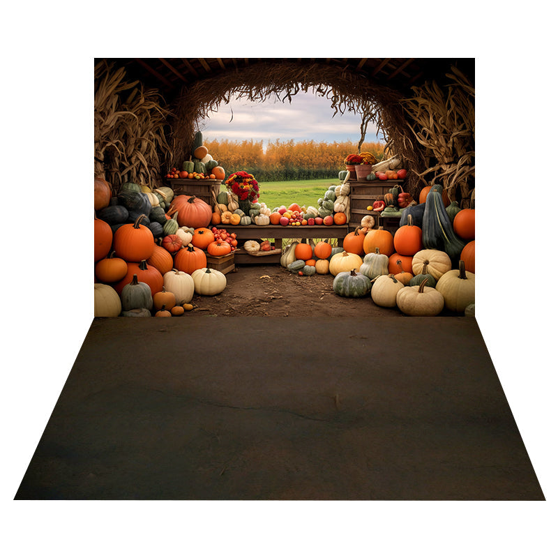 Rustic Pumpkin Barn Backdrop+Rustic Brown Earth Floor Backdrop MRR8-170