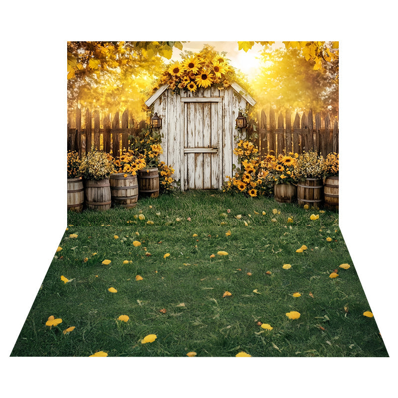 Sonnenblumengarten-Schuppen Foto Hintergrund + Grünes Gras-Gelbe Blumen-Boden Foto Hintergrund MRR8-173