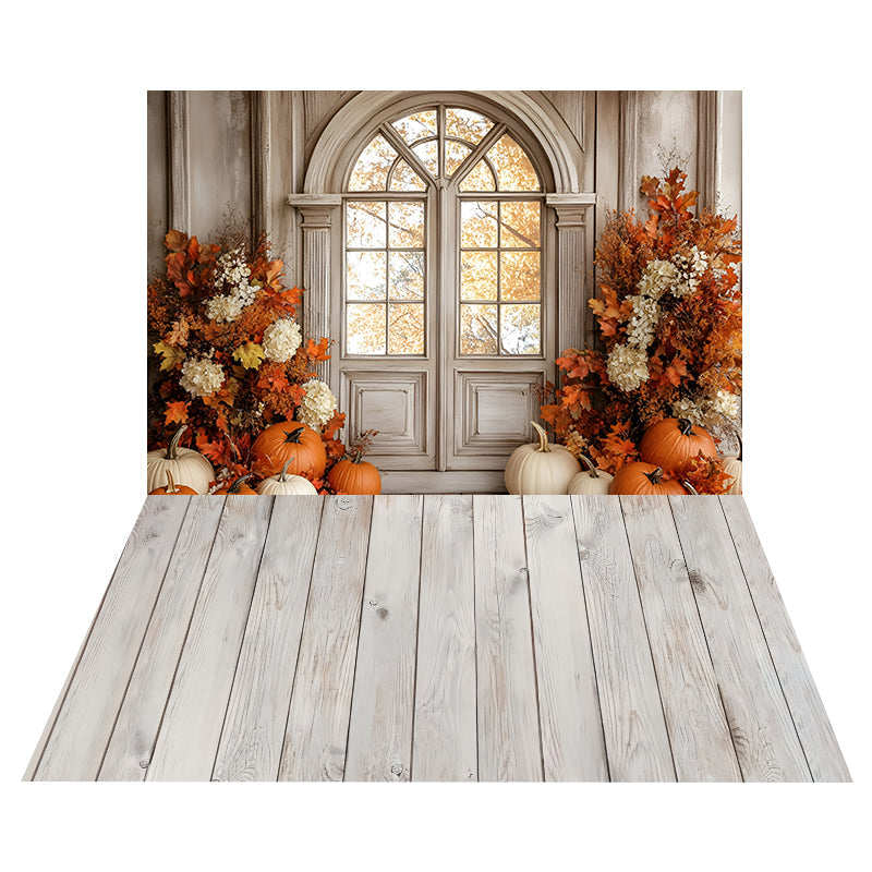 Kürbisfenster-Glühen Foto Hintergrund + Weiß getünchter Holzboden Foto Hintergrund MRR8-174