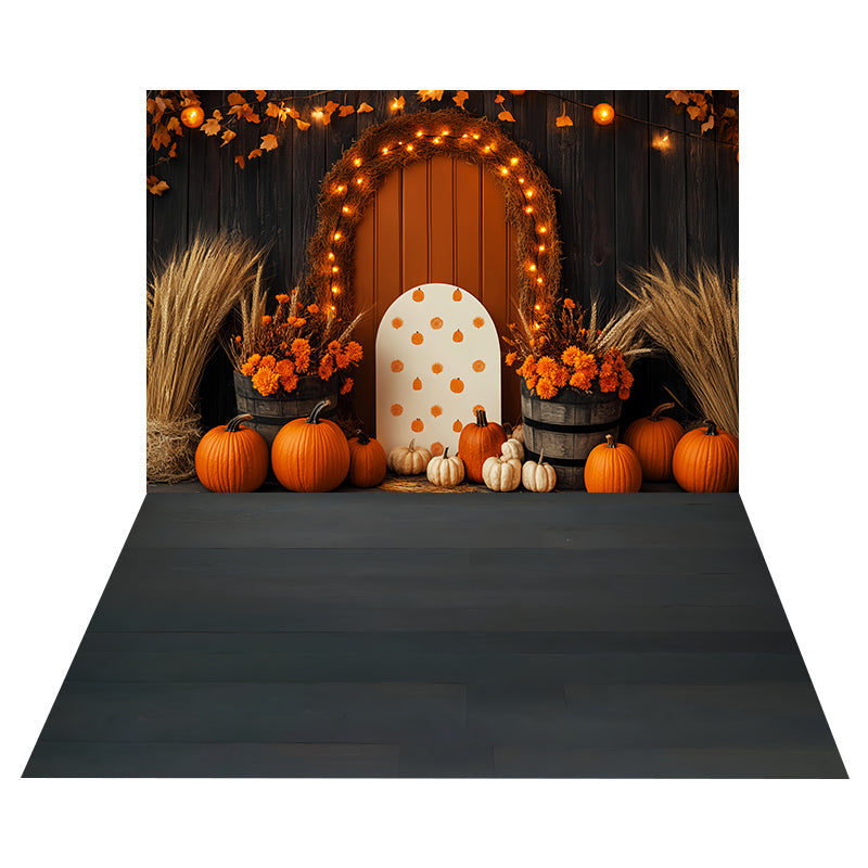 Kürbis-Leuchtbogen Foto Hintergrund + rustikaler Boden Foto Hintergrund aus dunklem Holz MRR8-175