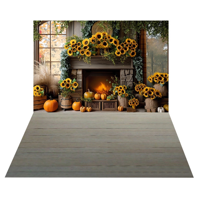 Sonnenblumen-Kamin-Dekor Foto Hintergrund + weicher grauer Holzboden Foto Hintergrund MRR8-178