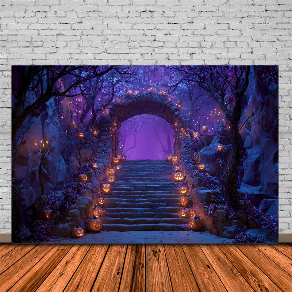 Gespenstische Halloween Hintergrundkulisse Verzauberte lila Waldtreppe Halloween Foto Hintergrund MRR8-18