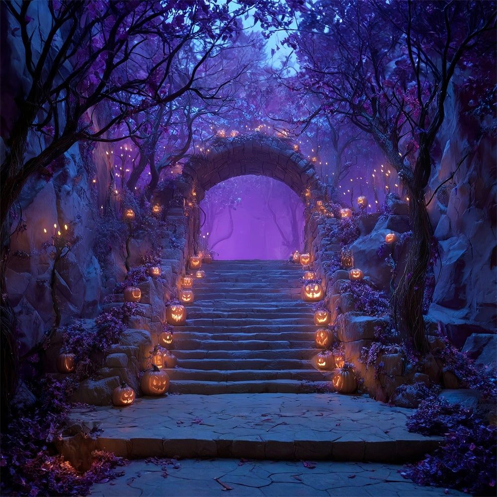 Gespenstische Halloween Hintergrundkulisse Verzauberte lila Waldtreppe Halloween Foto Hintergrund MRR8-18